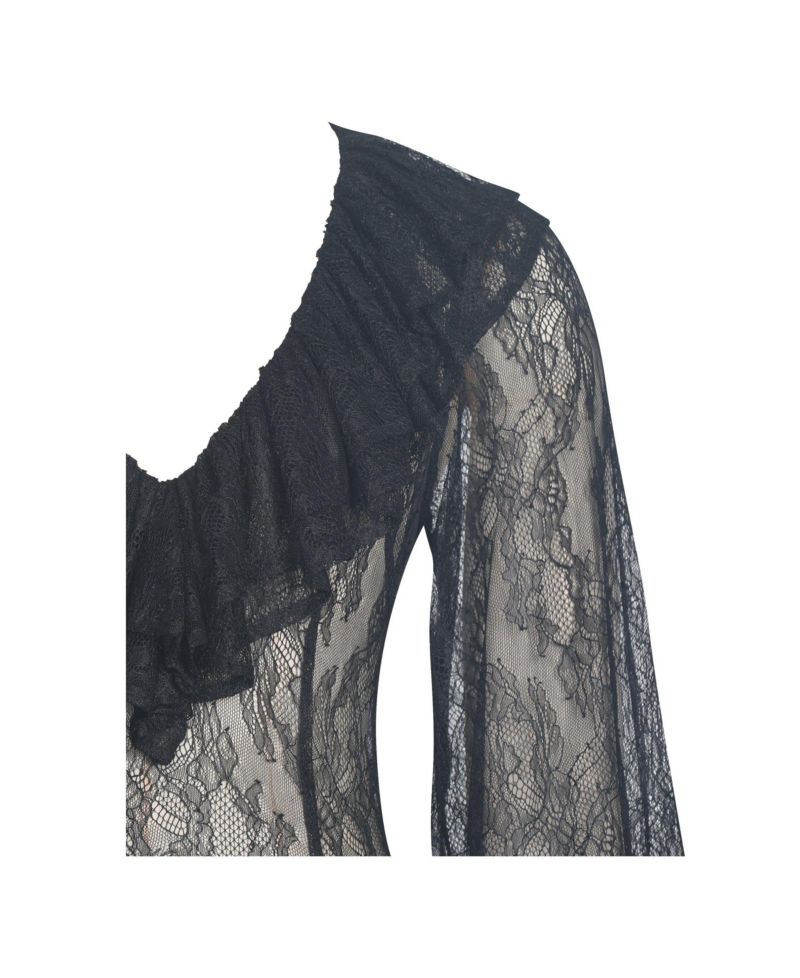 Women's Taliah Black Sheer Lace Ruffled Collar Bodysuit