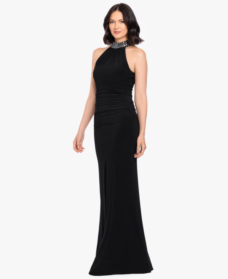 Petite Beaded Mock Neck Sleeveless Gown