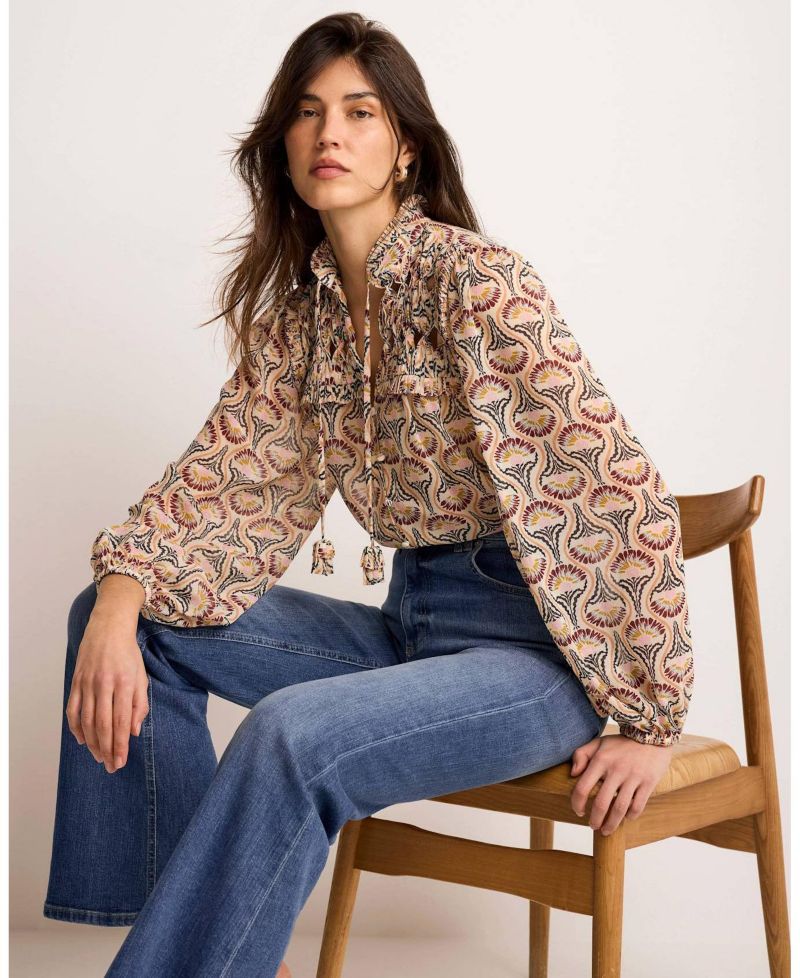 Women's Floral-Print Ruffle-Trim Tie-Front Long-Sleeve Blouse
