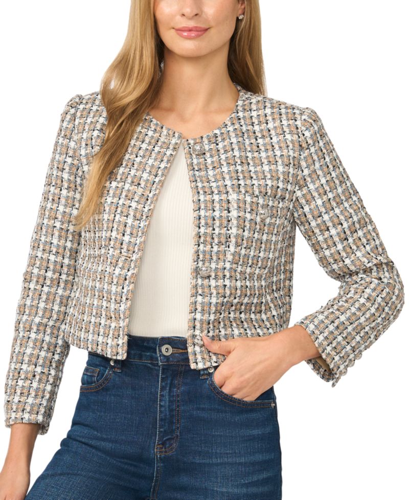 Women's Cropped Tweed Collarless Jacket