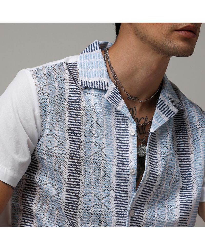 Men's Sky Blue & Midnight Black Fish Eye Ethnic Shirt