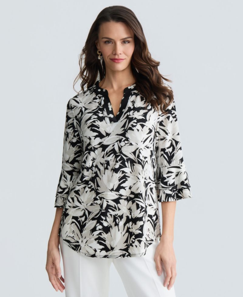 Women's Printed V-Neck Elbow-Sleeve Top, Regular & Petite