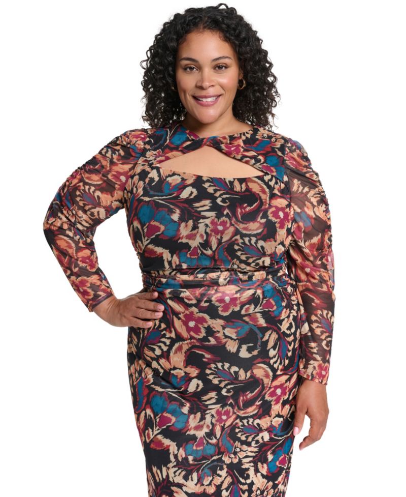 Plus Size Ptd Mesh Twist Neck Body Floral-Print Turtleneck Dress
