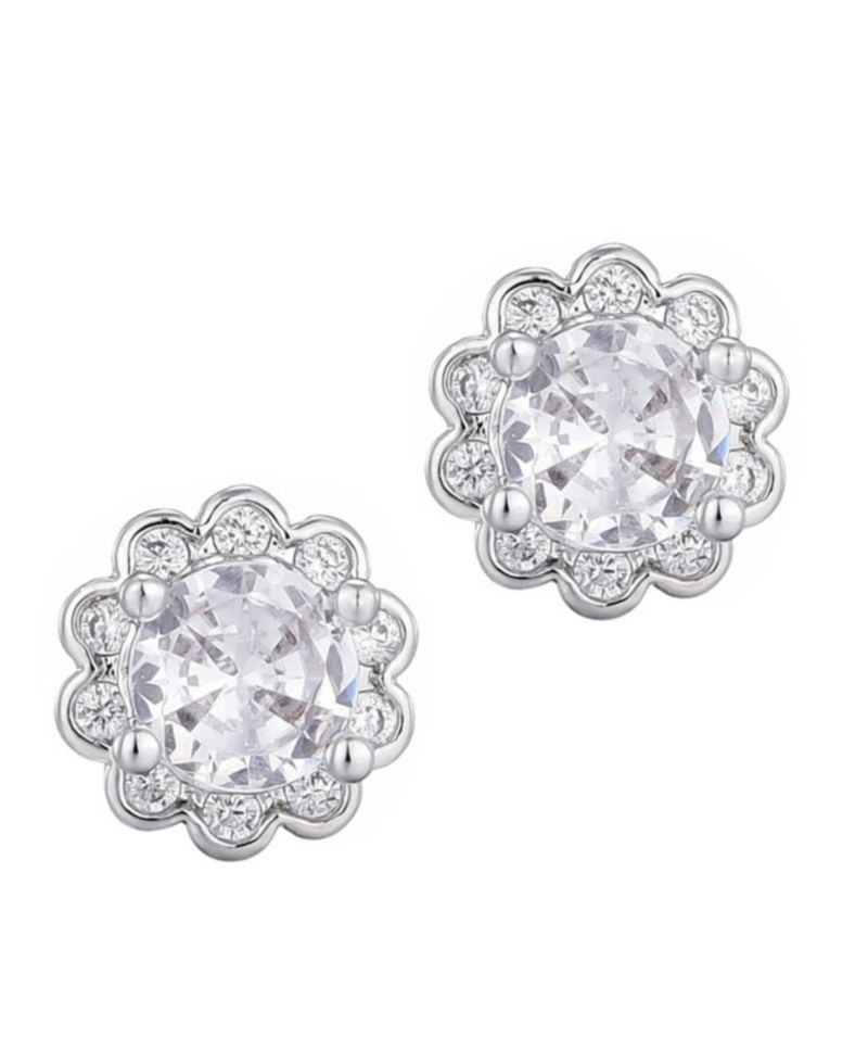 Silver Plated Cubic Zirconia Floral Halo Stud Earrings