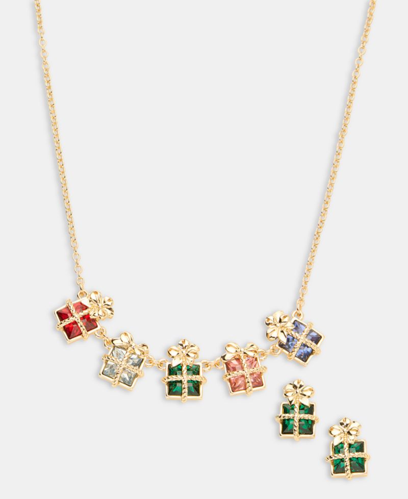 Gold-Tone Multicolor Present Stud Earrings & Frontal Necklace Set