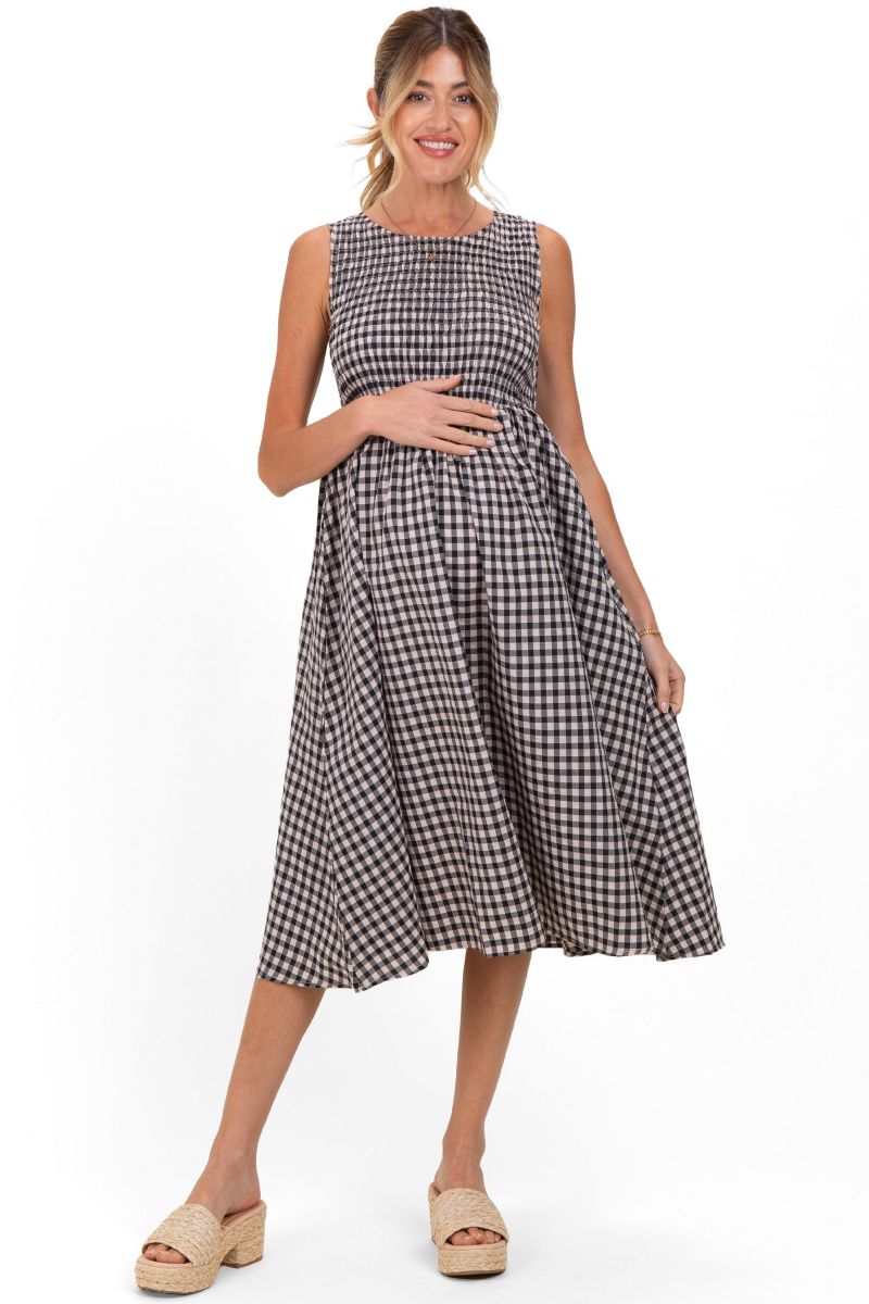 Women's Red Gingham Smocked Sleeveless Midi Dress