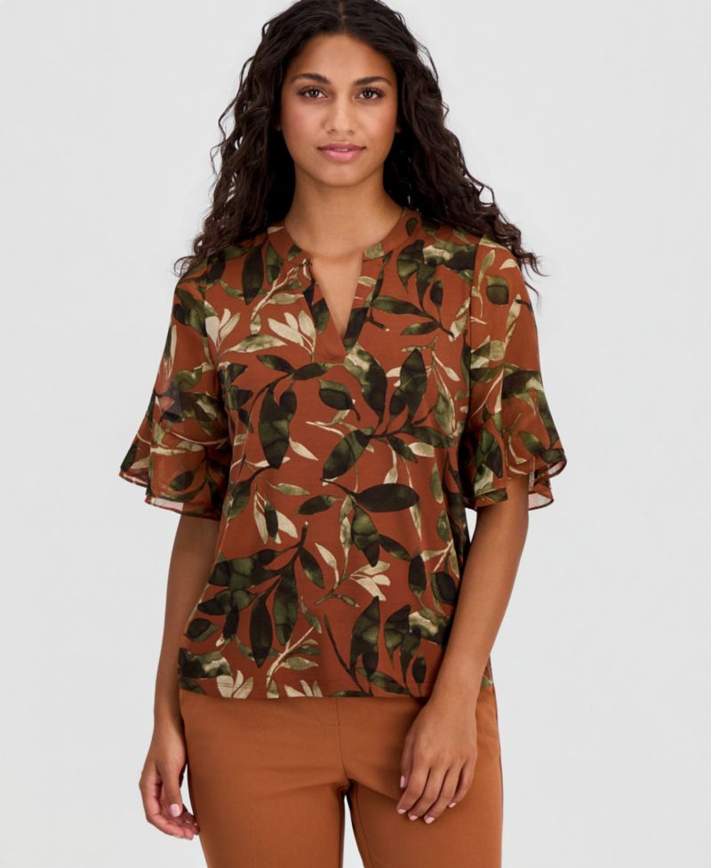 Petite Printed Ruffle-Sleeve Top