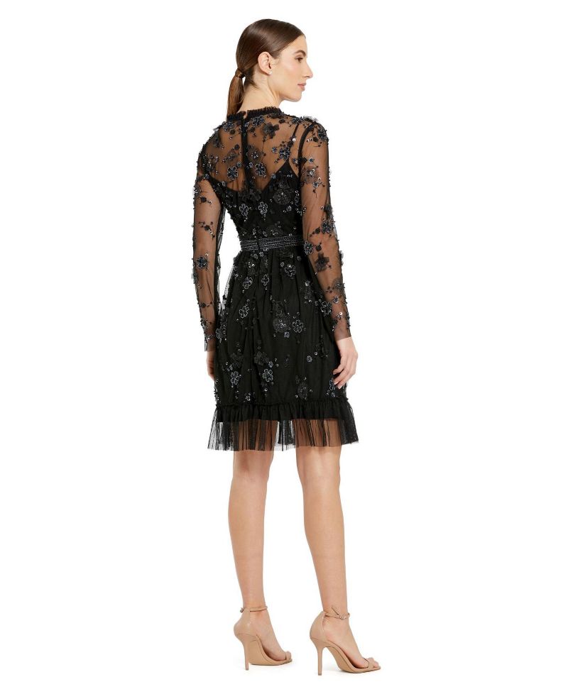 Women's Sheer Long Sleeve Embellished Midi Dress