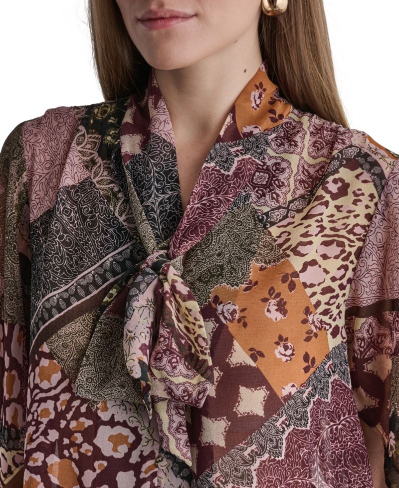 Women's Bow Neck Mixed Print Short-Sleeve Blouse