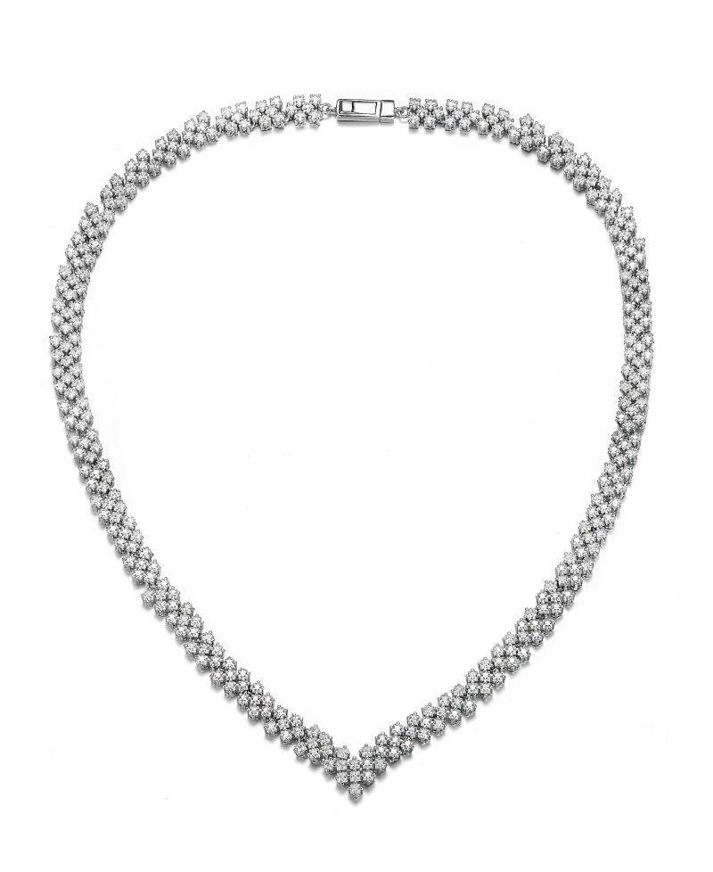 Classy White Gold Plated CZ Tennis V Shape Necklace