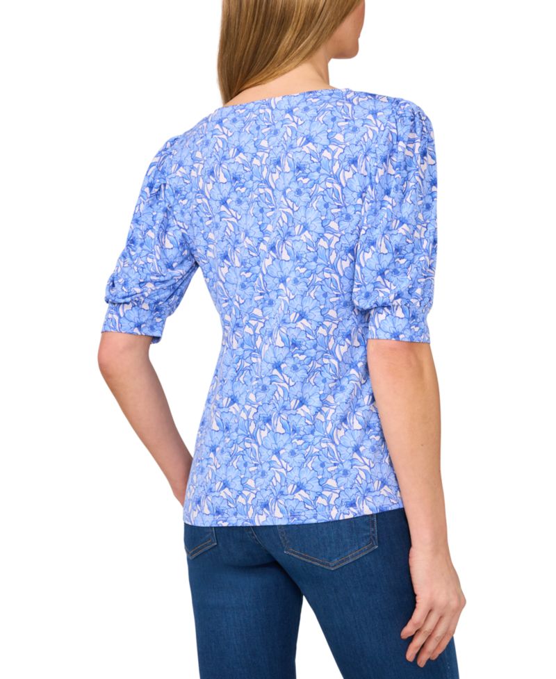 Women's Floral Shirred Scoop-Neck 3/4-Sleeve Knit Top