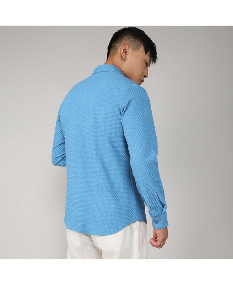 Men's Sky Blue Textured Micro Buffalo Check Shirt