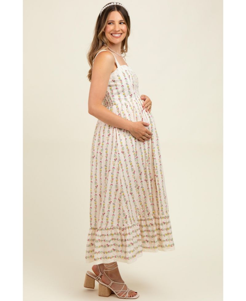 Women's Cream Floral Textured Cotton Lace Trim Maxi Dress