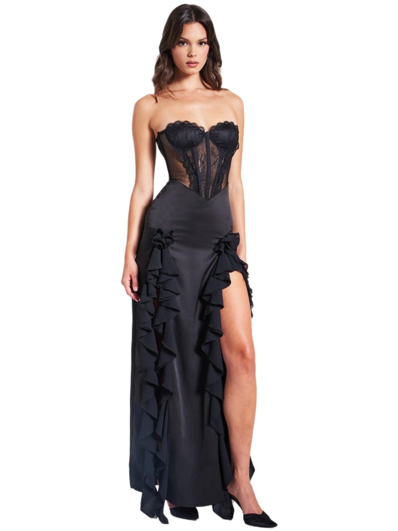 Women's Talia Black Satin Lace Corset Maxi Dress