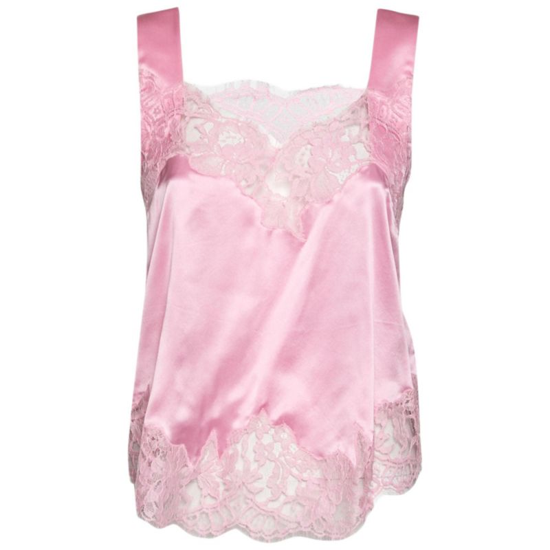 Women's Pink Satin Slip Cami Lace Trimmed Top