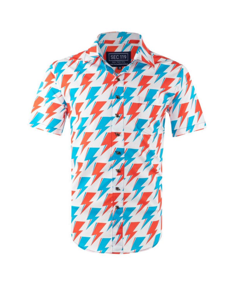 Men's White David Bowie Red and Blue Bolt Button-Down Shirt