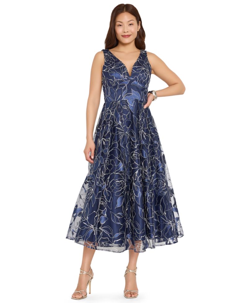 Women's Floral Metallic Soutache A-Line Midi Dress