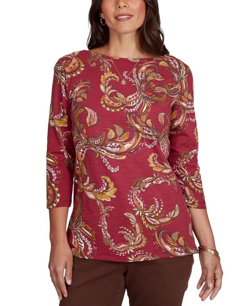 Petite Paisley-Print Boat Neck 3/4-Sleeve Top