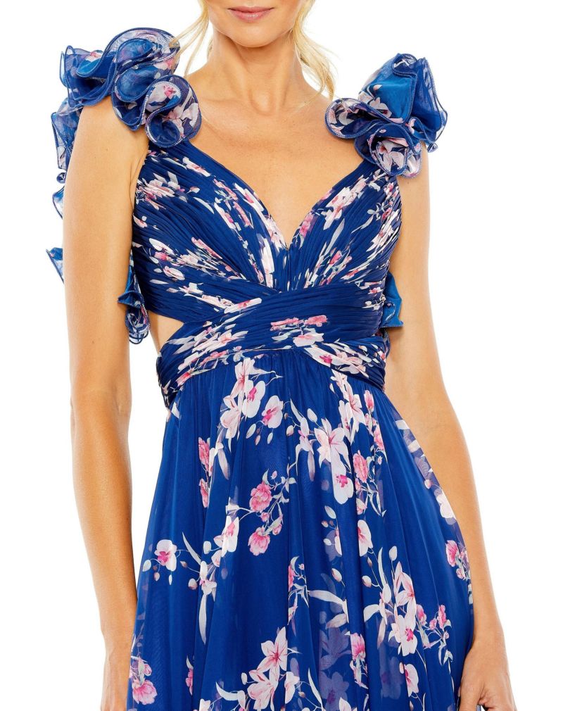 Women's Ruffle Tiered Floral Cut-Out Chiffon Gown