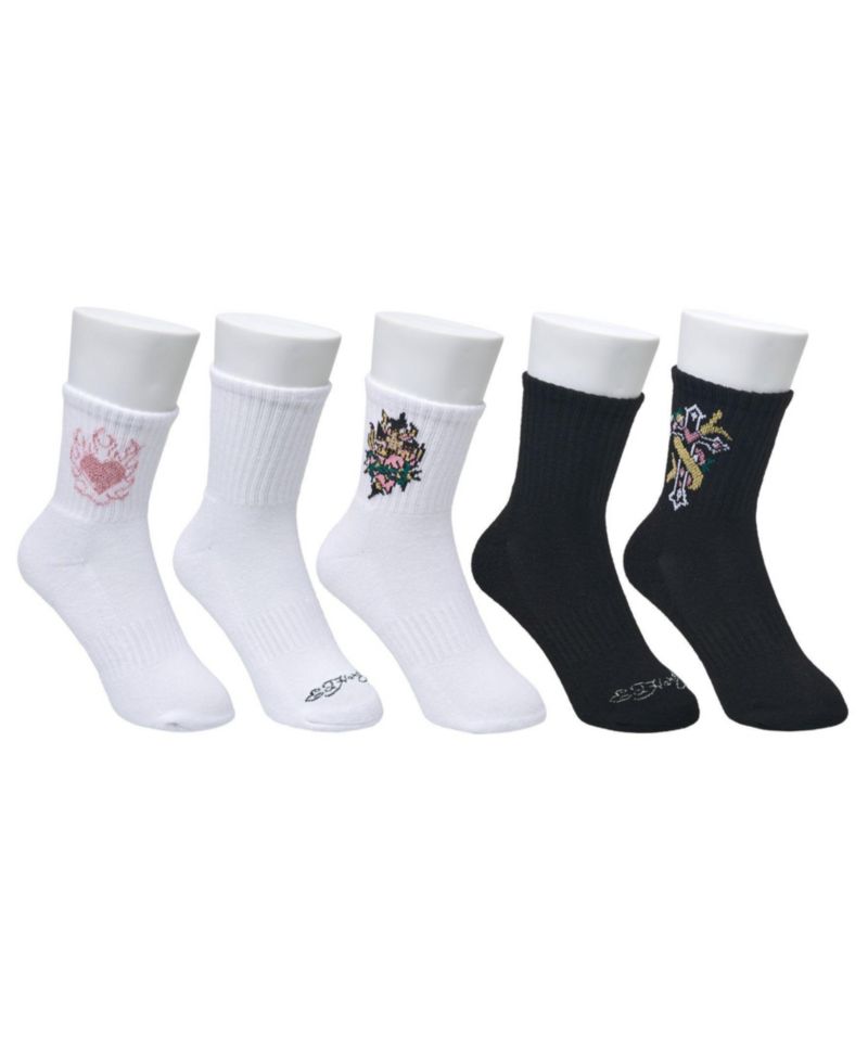 Women's Flowery Cross Print Arch Support Half-Cushion Crew Socks, 5-Pack