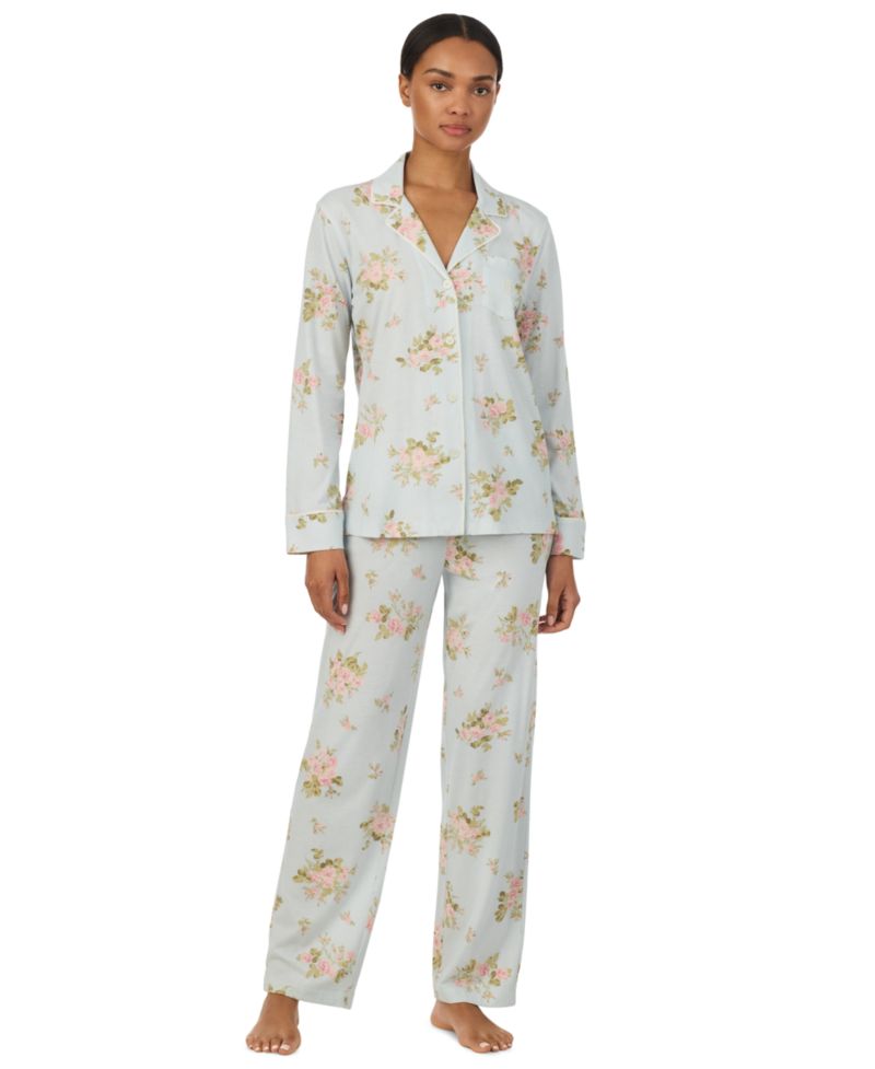 Petite Long-Sleeve Notch-Collar Floral Pajama Top and Pajama Pants, 2-Piece Set