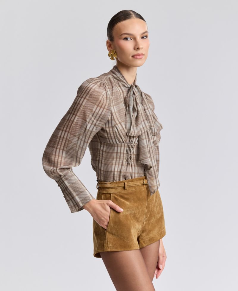 Women's Long Puff-Sleeve Scarf Neck Plaid Blouse