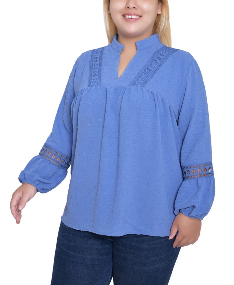 Women's Plus Size Crochet Trim Long Sleeve Blouse Top