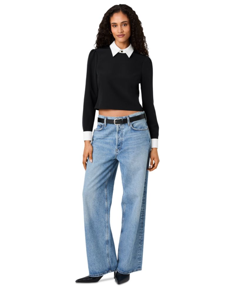 Women's Echo Crepe Collar Point Collar Mini Long-Sleeve Blouse
