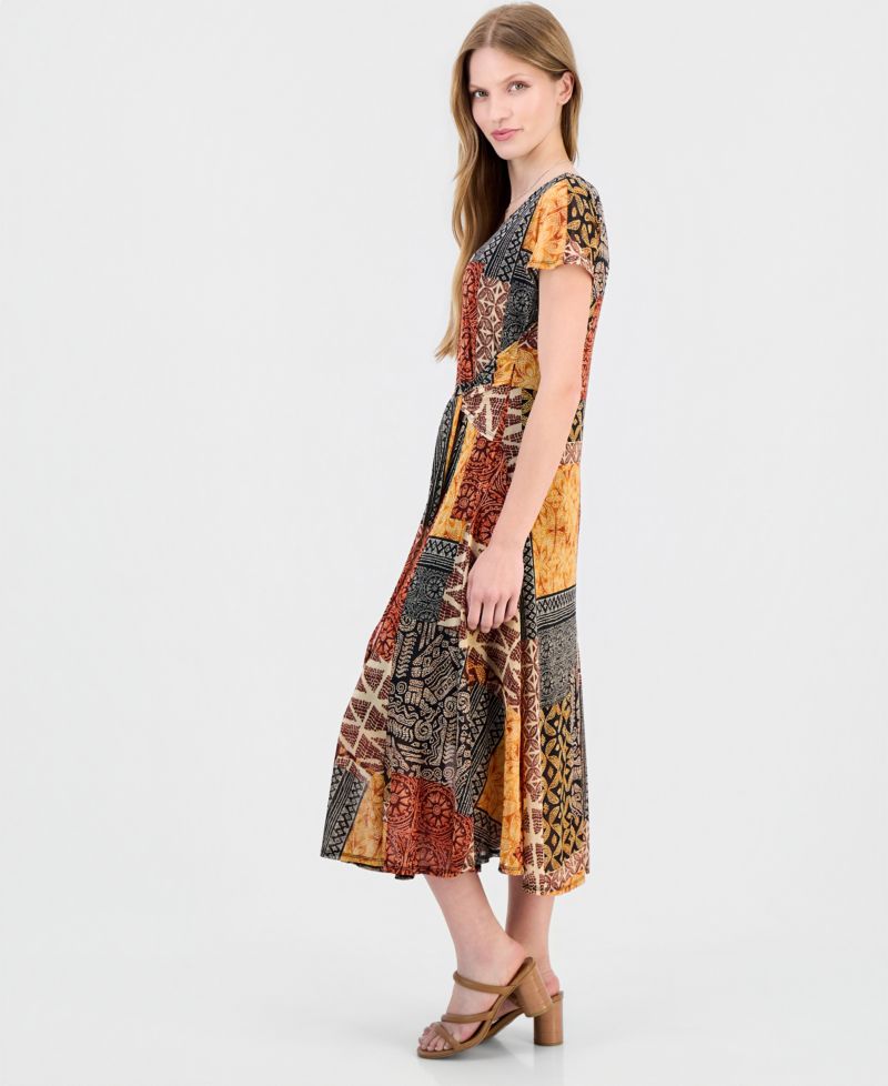 Women's Printed Extended-Sleeve Tie-Waist Dress