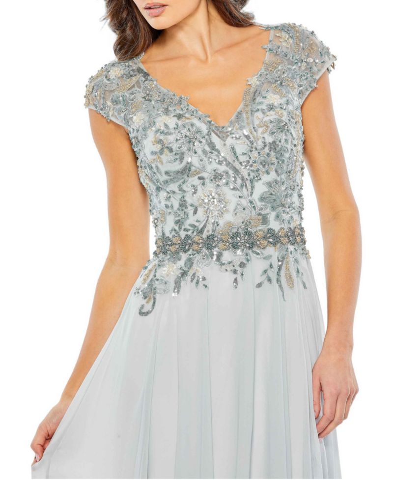 Women's Embellished Cap Sleeve Bodice Flowy Gown