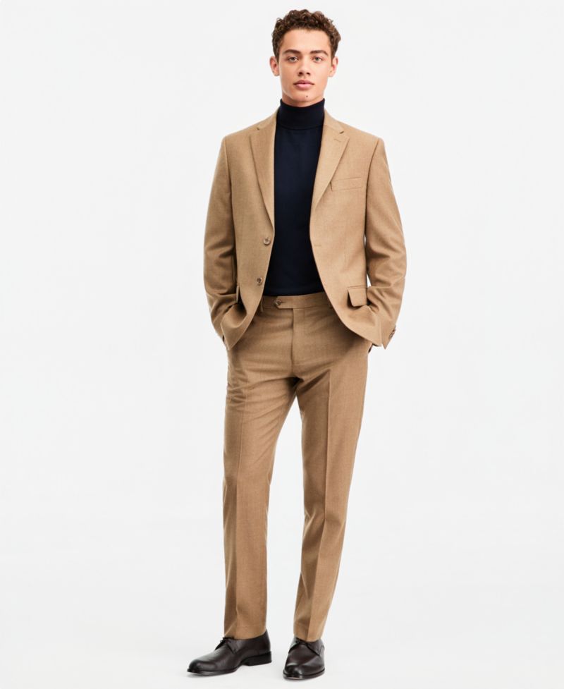 Men's Modern-Fit Wool Tan Flannel Suit Separates Pant