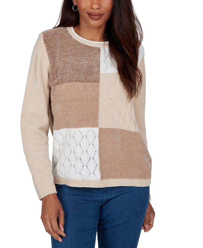 Women's Petite Colorblock Cable-Knit Long-Sleeve Crewneck Pullover