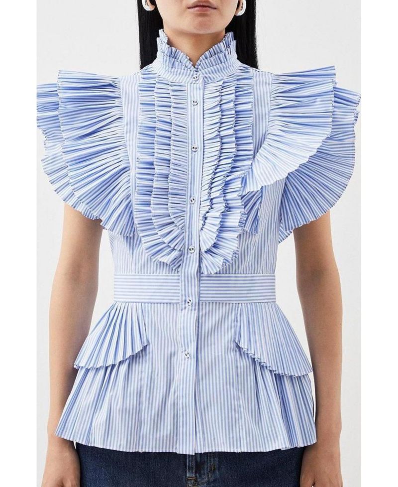 Women's Sleeveless Striped Pleated Ruffle Blouse