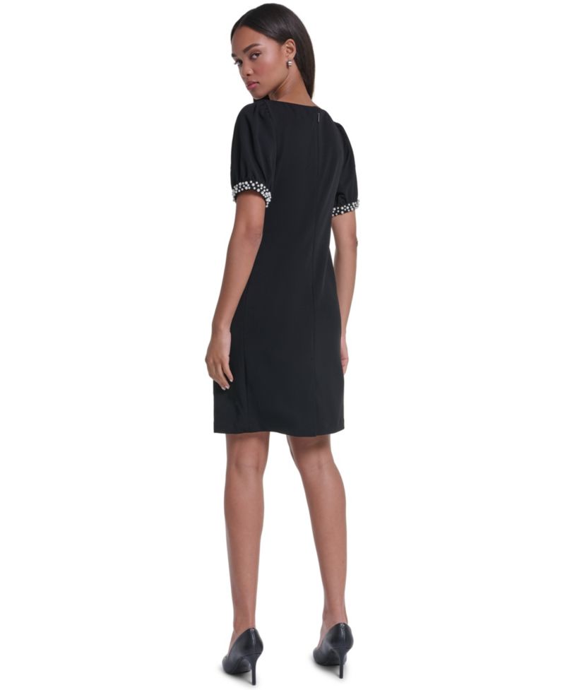 Women's Boat Neck Sheath Dress With Imitation Pearl Sleeve Cuff