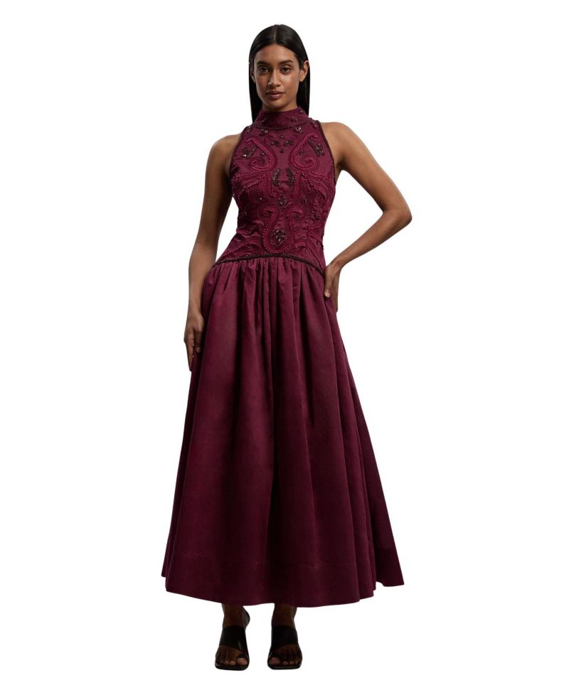 Taffeta High Neck Fit and Flare Dress