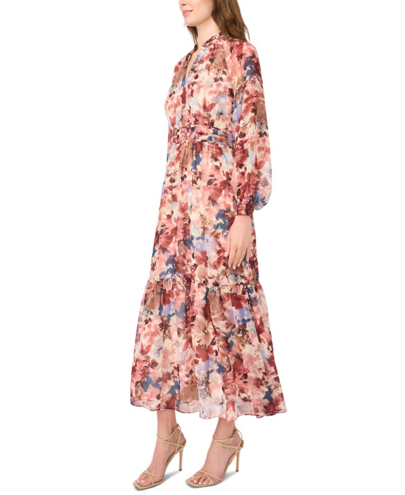 Women's Floral Long-Sleeve V-Neck Maxi Dress