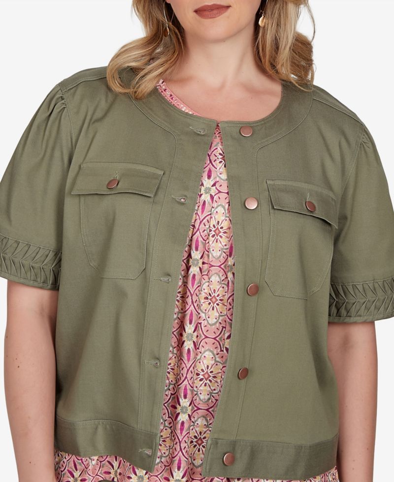 Plus Size Pleated Short-Sleeve Soft Denim Jacket