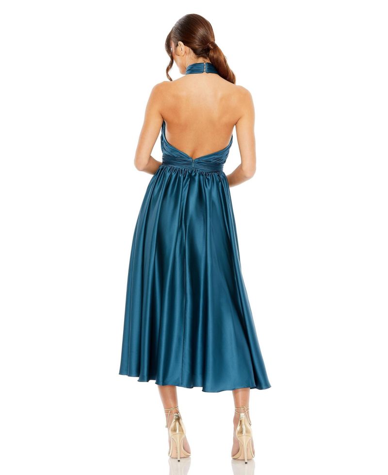 Women's Pleated Charmeuse High Neck Sleeveless Midi Dress