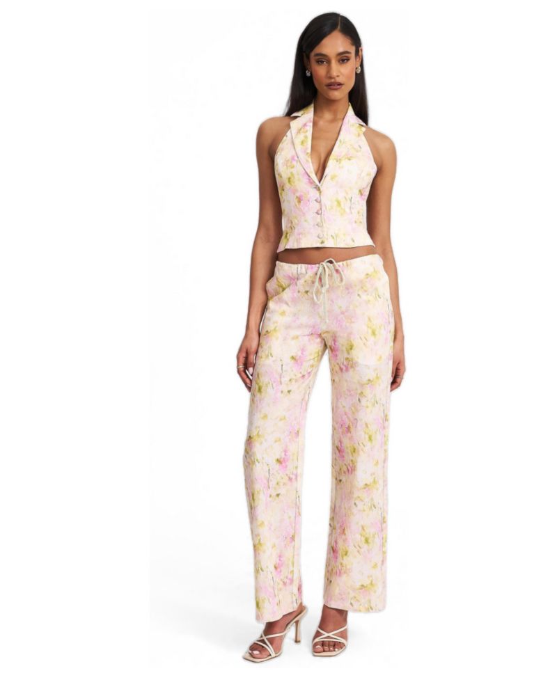 Women Lauren Pink Floral Print Ruched Back Linen Suit Vest