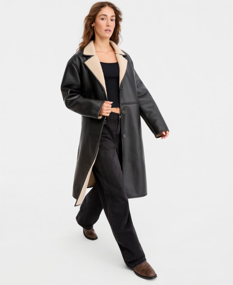 Juniors' Faux-Shearling Coat