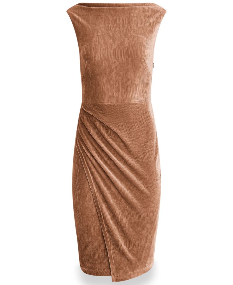 Women's Crinkled Velvet Side Ruched Midi Dress