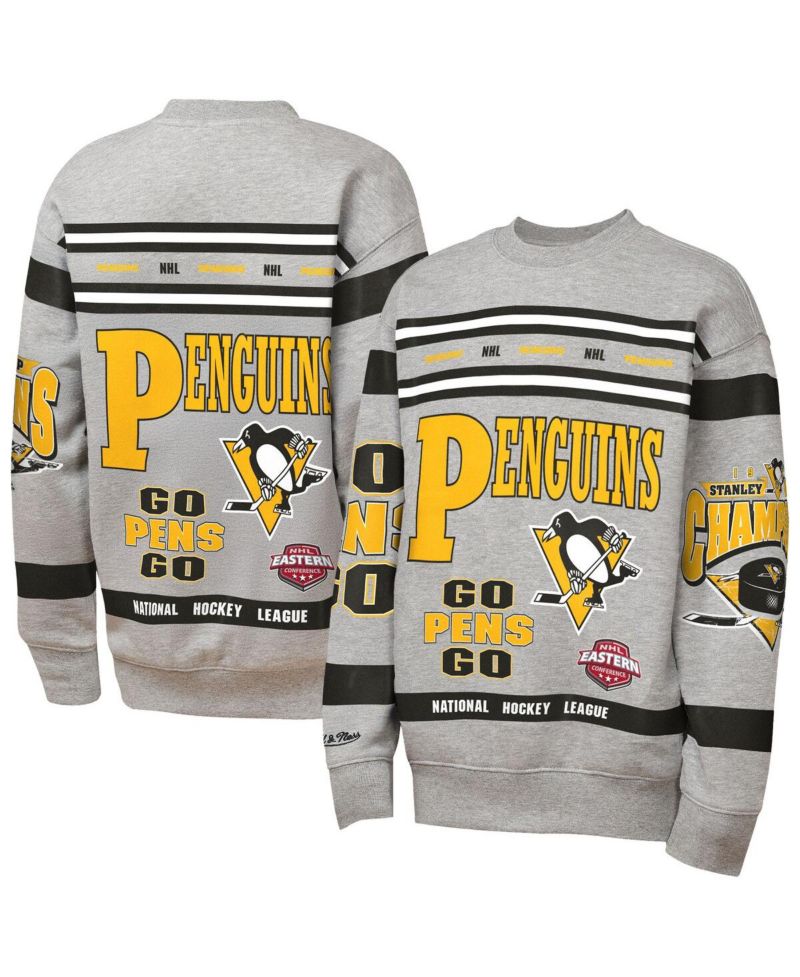 Big Boys and Girls Heather Gray Pittsburgh Penguins Allover Print Fleece Crewneck Sweatshirt