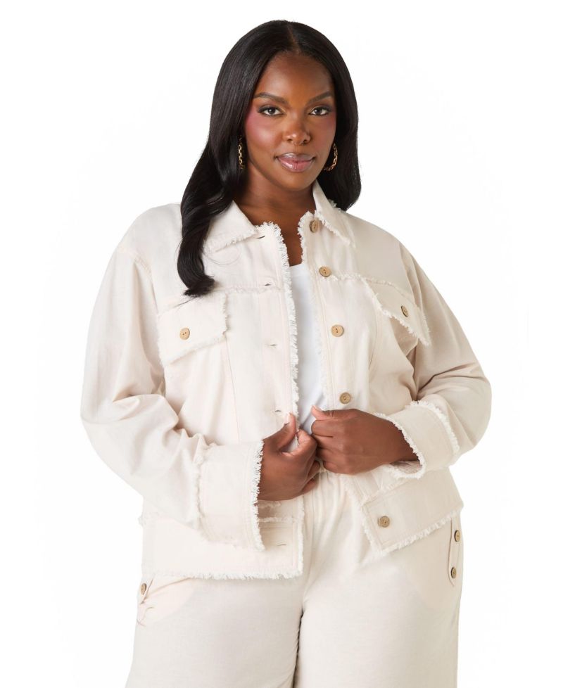 Women's Frayed Linen Blend Trucker Jacket