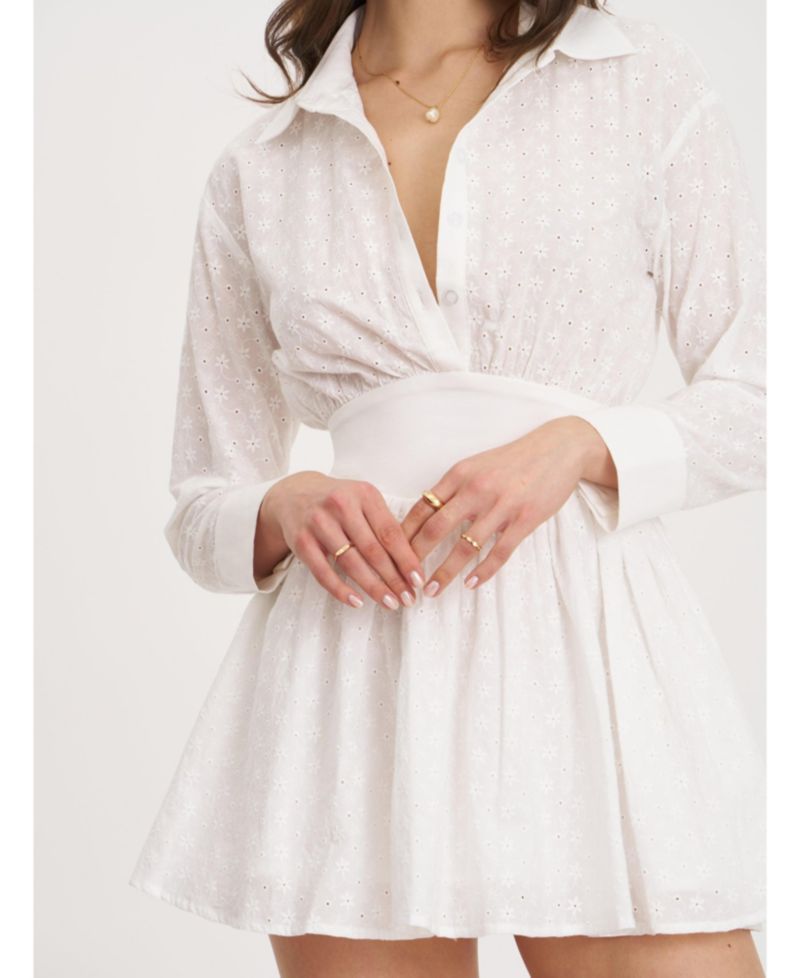 Women's Gabriella White Cotton Eyelet Button Up Long Sleeve Shirt Dress