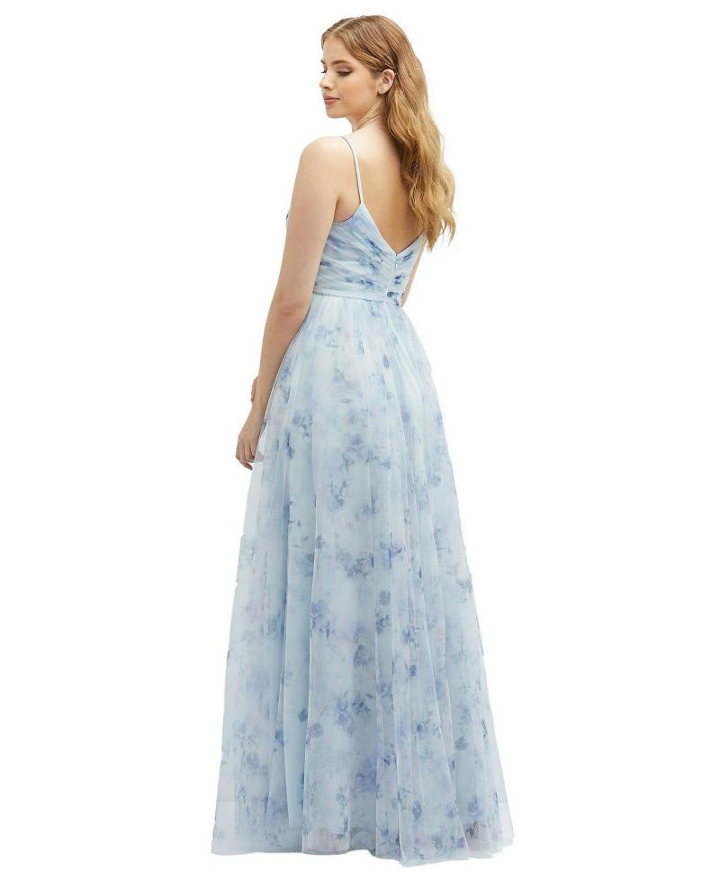 Ruched Wrap Bodice Tulle Dress with Long Full Skirt