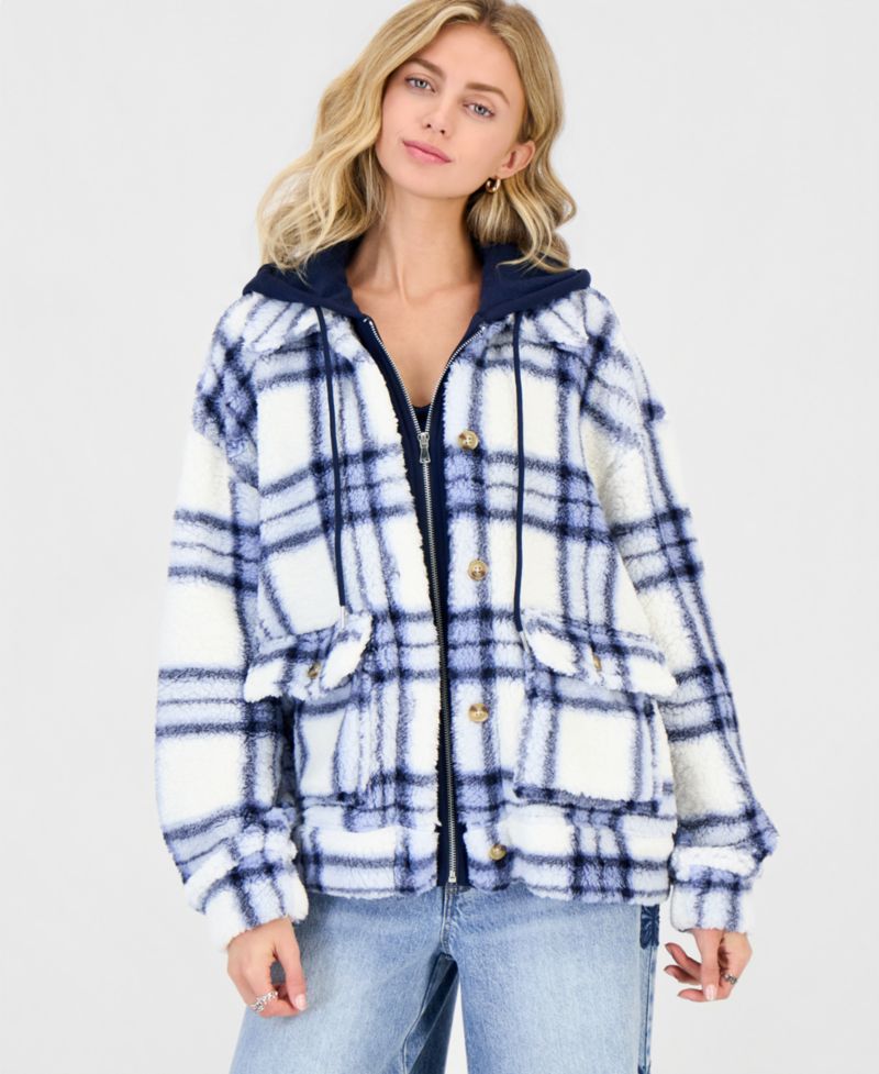 Juniors' Sherpa-Lined Plaid Hooded Shacket
