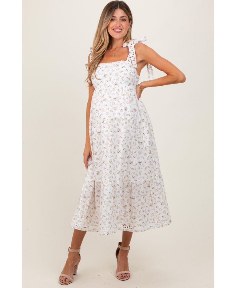 Women's Floral Shoulder Tie Midi Dress