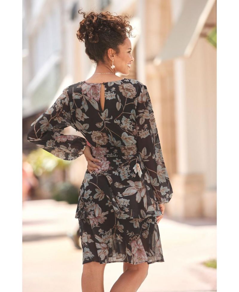 Women's Floral Print Long Sleeve Wrap Surplice-Neck Short Dress
