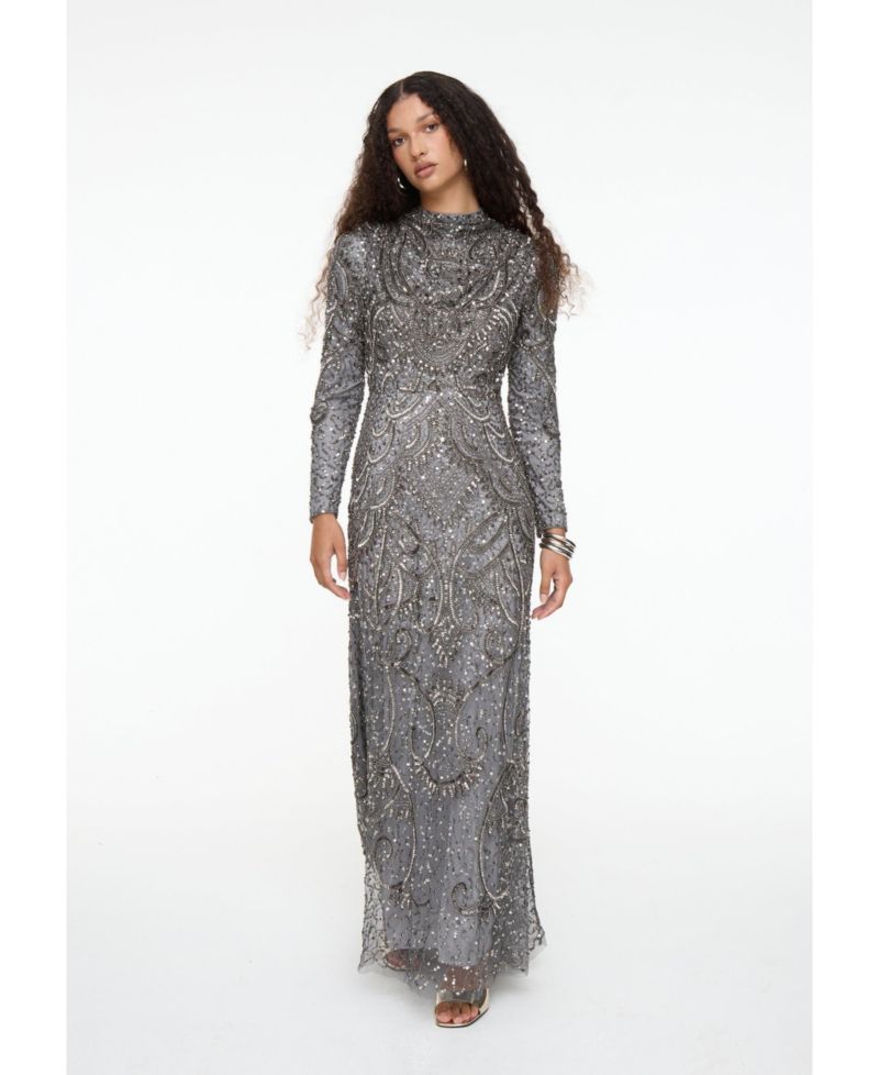 Women's Modest Embellished Sequin Beaded Dress Maxi With Cowl Neck