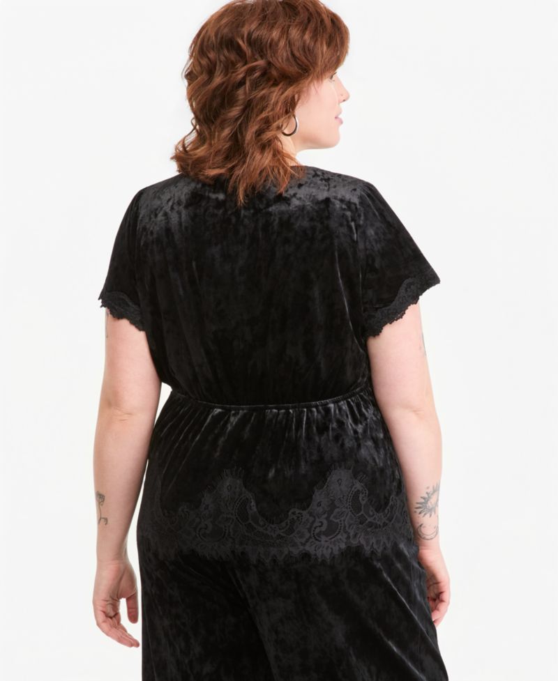 Plus Size Velvet Lace-Trim V-Neck Blouse